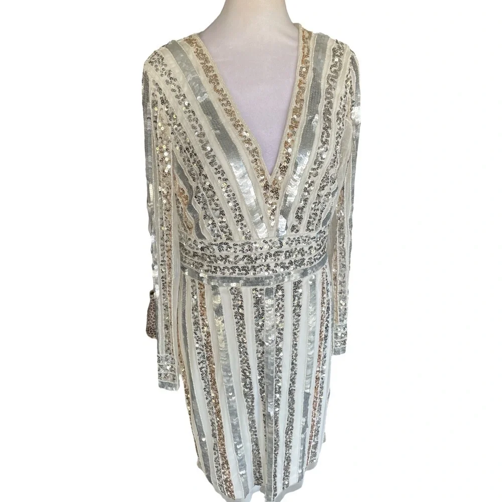 Adrianna Papell Ivory, Silver and Gold Stripe Sequin and Bead Sheath Dress 14